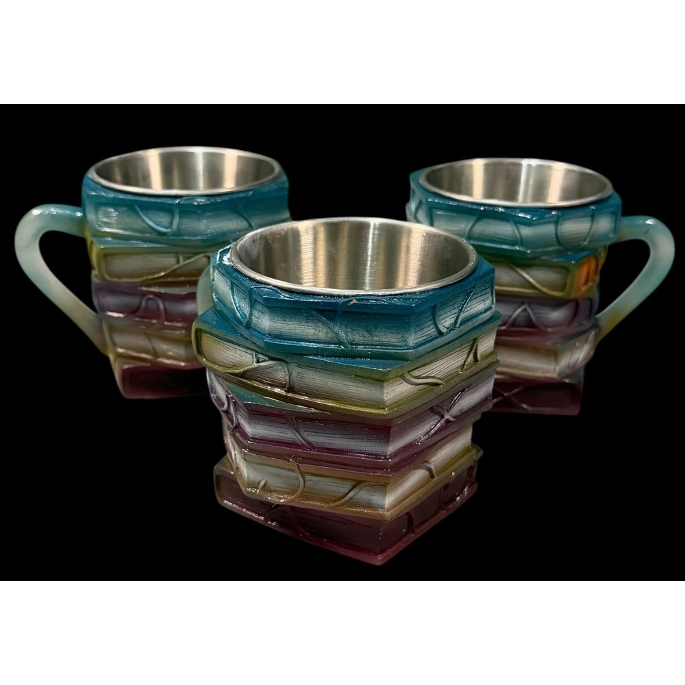 3D Stacked Books Shaped Coffee Tea Mugs Tin Resin Cup Novelty Colorful (Set 3)